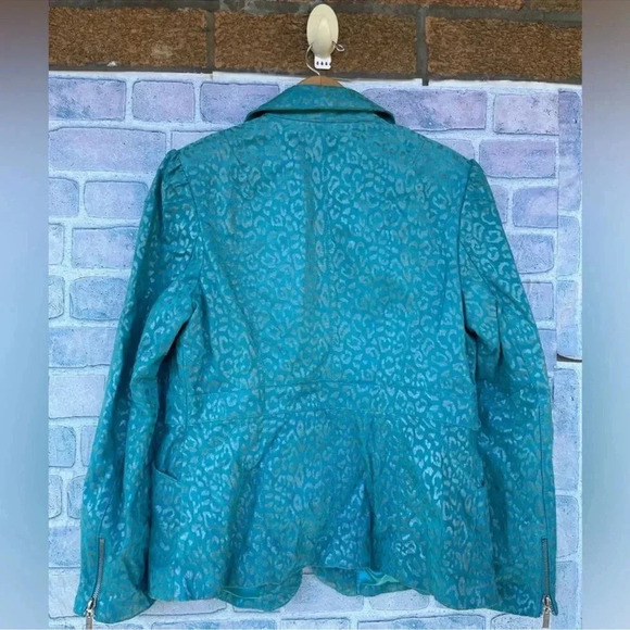 Pamela McCoy Turquoise Cheetah Leopard Print 100% Leather Full Zip Jacket medium - Picture 6 of 12